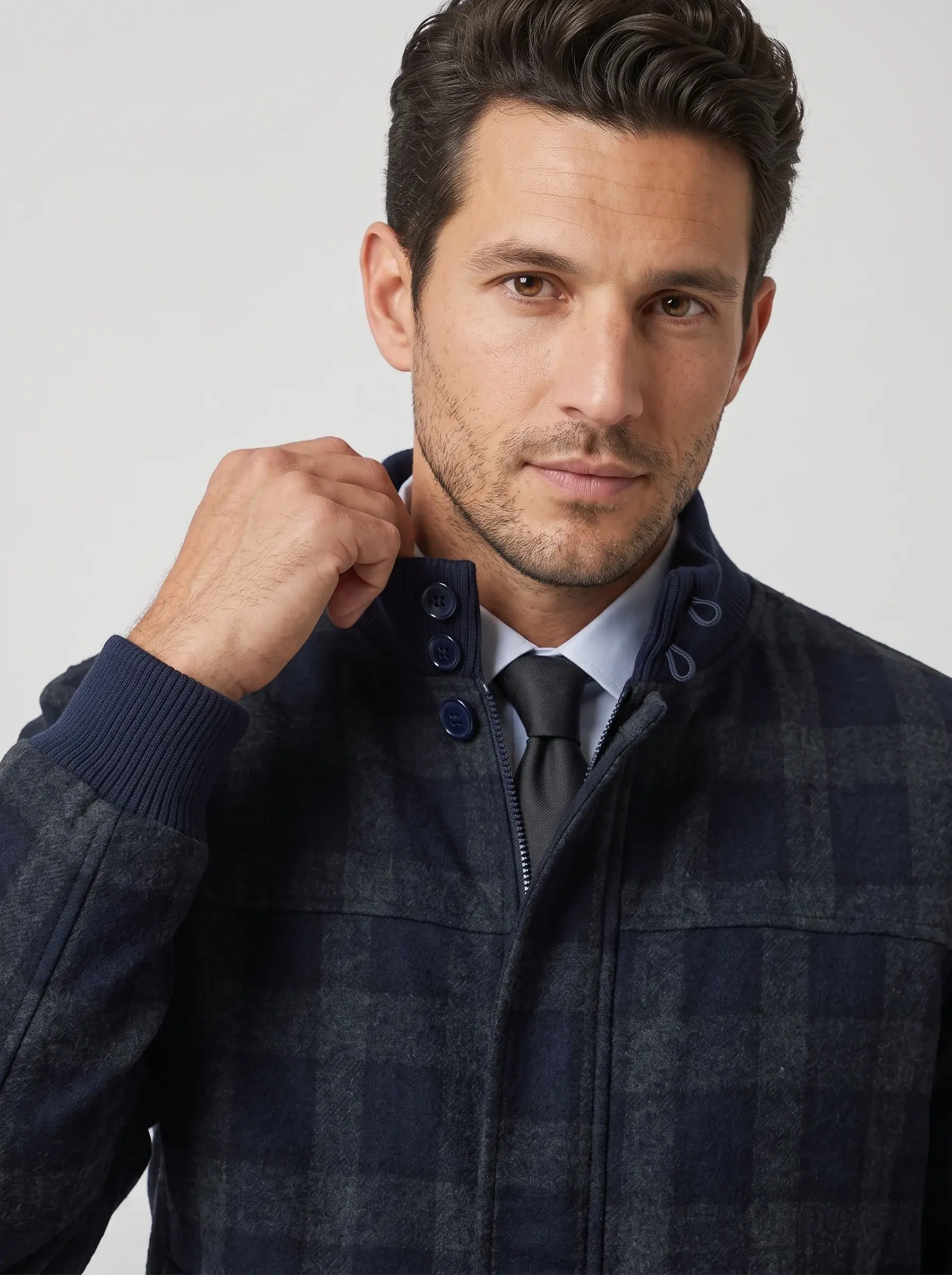 Check Bomber Jacket — buttoned stand collar detail