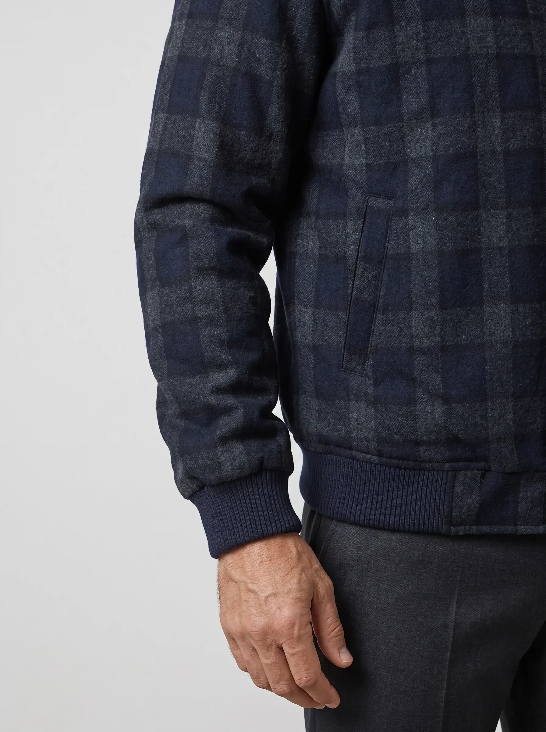 Check Bomber Jacket — rib-knit cuff and welt pocket detail