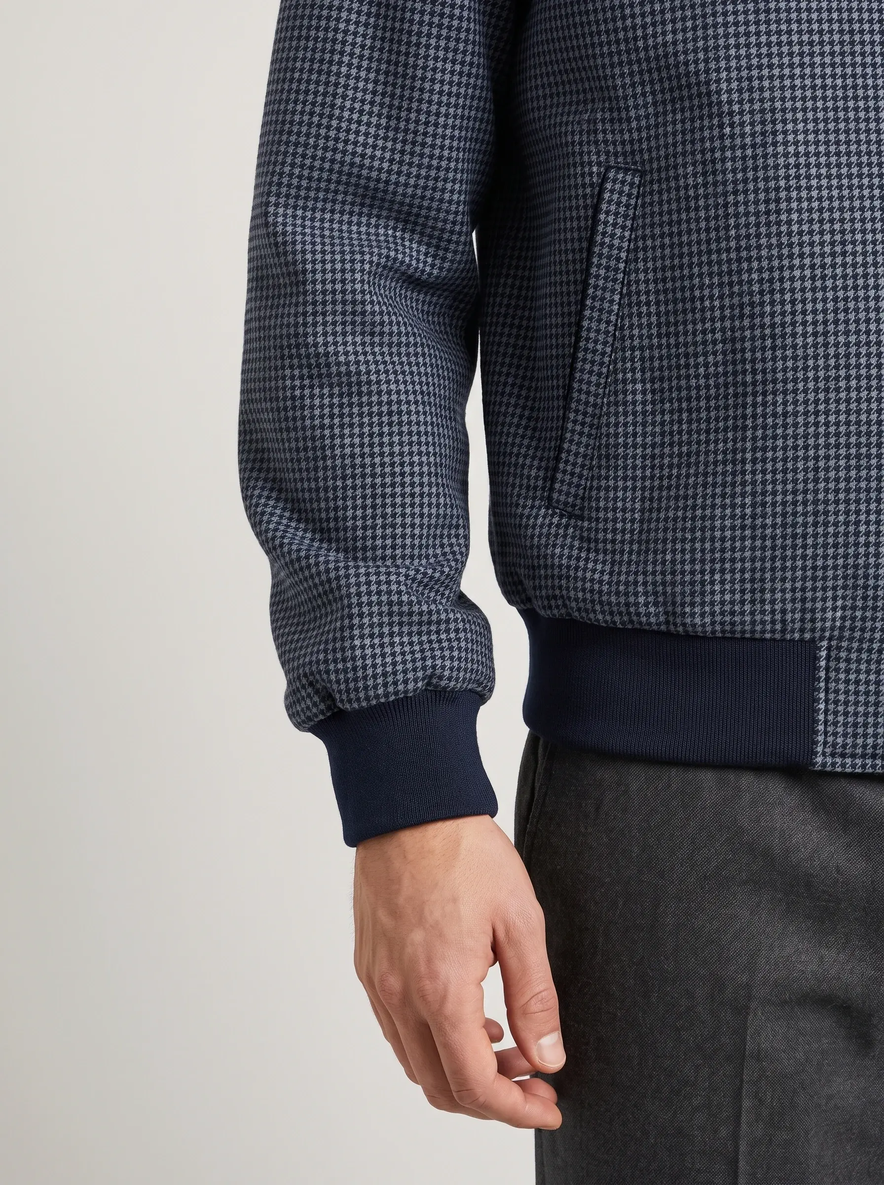 Houndstooth Harrington Jacket — rib-knit cuff detail