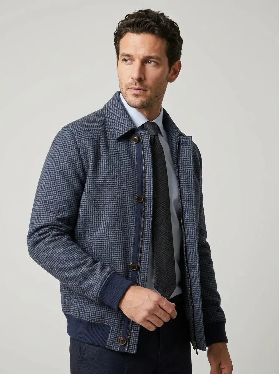Houndstooth Harrington Jacket — styled with shirt and tie