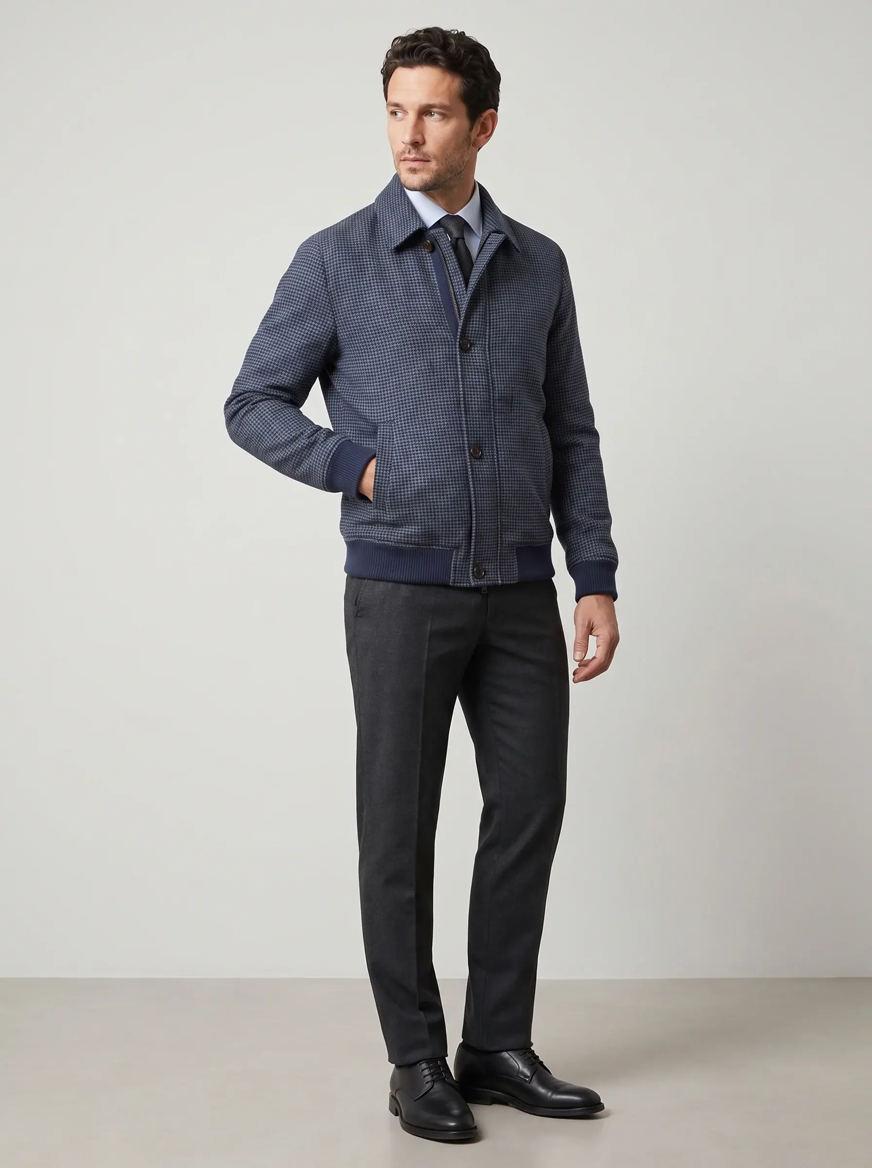 Houndstooth Harrington Jacket — front view, relaxed pose