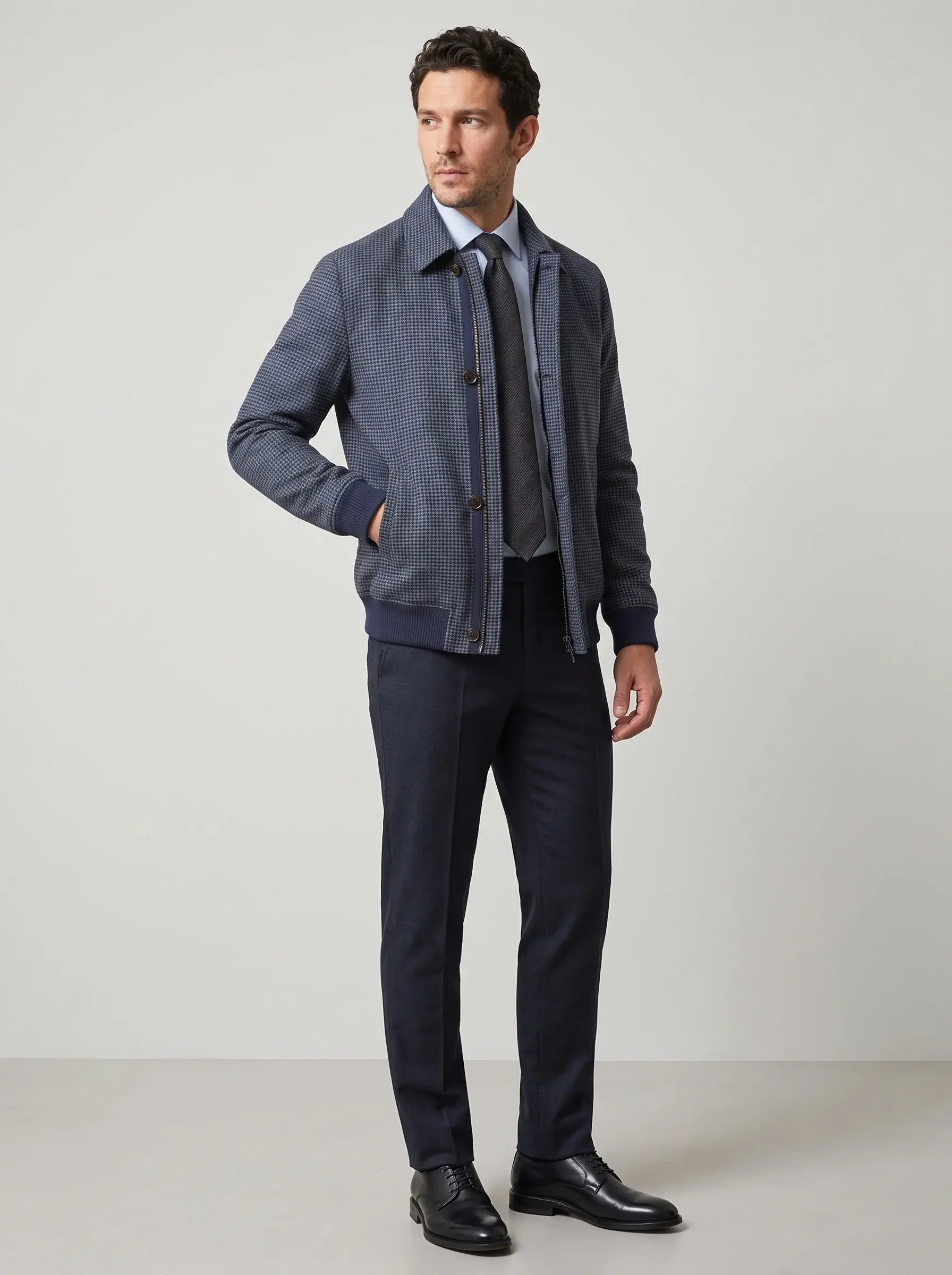Houndstooth Harrington Jacket — front view, hand in pocket